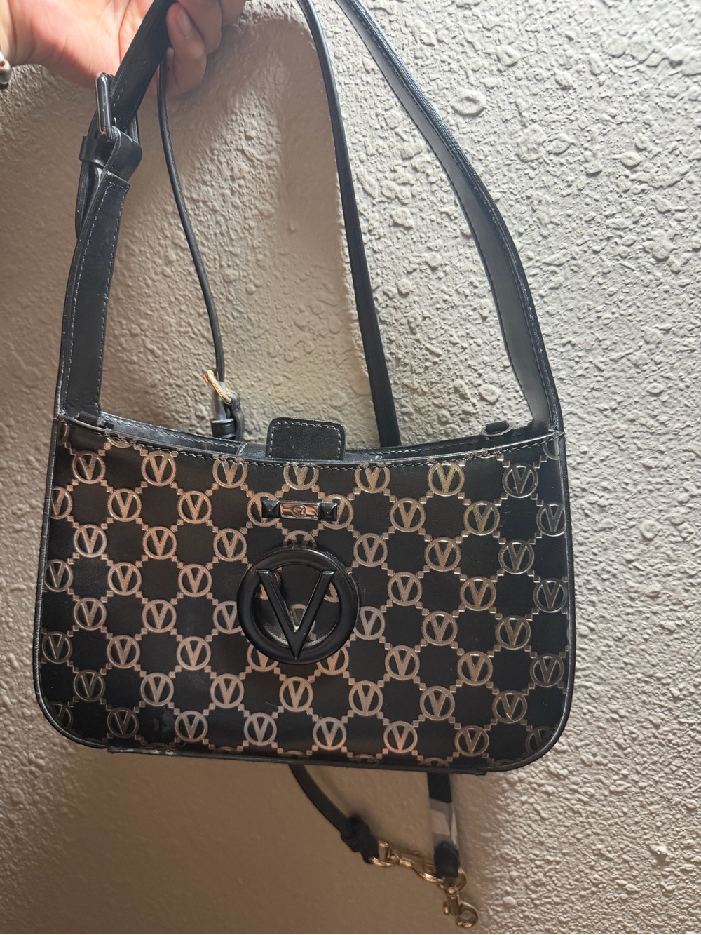 Valentino Black and Cream Logo-Print Shoulder Bag
